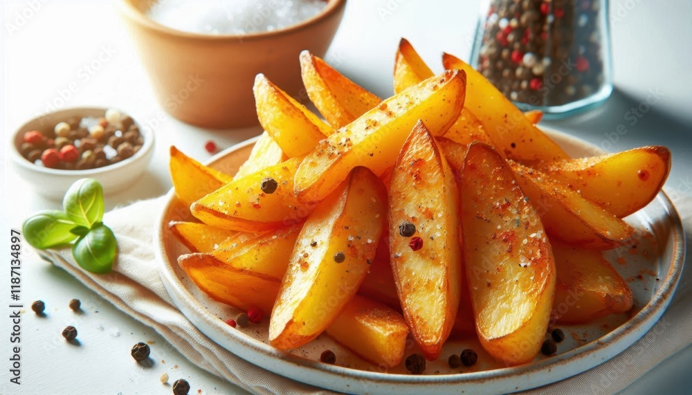 Crispy golden potato wedges, rustic ceramic bowl, fresh herbs garnish, sea salt flakes, peppercorns in background, raw potatoes, creamy dipping sauce, warm lighting, food photography, appetizing textu