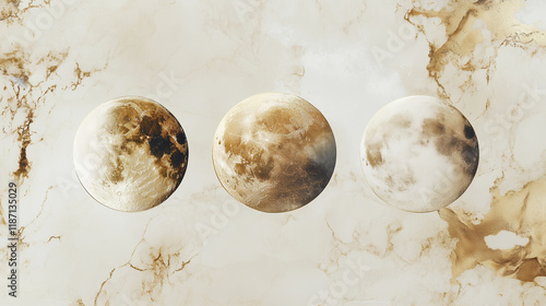 A minimalist depiction of the phases of the moon in gold , marble background, modern, minimalist design photo