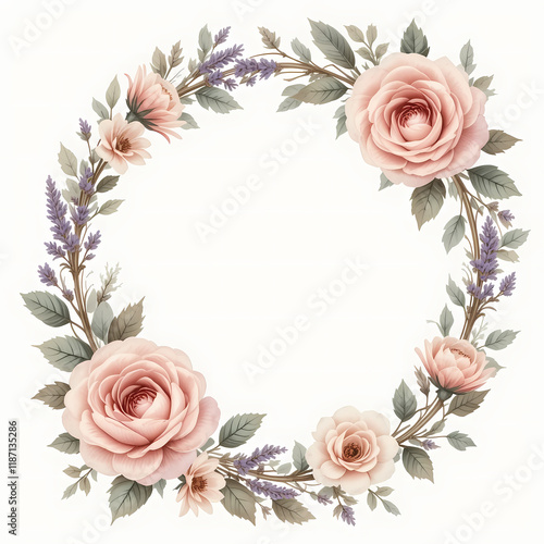 Vintage Watercolor Rose Floral Frame with Dusty Pink and Cream Roses
