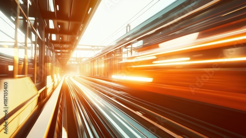 Fast train speeding through modern city transit system.