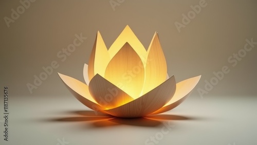 Buddhism, The doctrine of emptiness, shunyata,Minimalist photo of a delicate wooden sculpture of a hollow lotus, symbolizing emptiness, glowing softly.