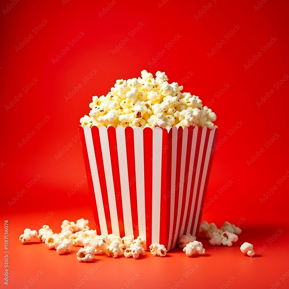 Falling popcorn in a redwhite stripes box on red background Falling popcorn in a redwhite stripes box on red background