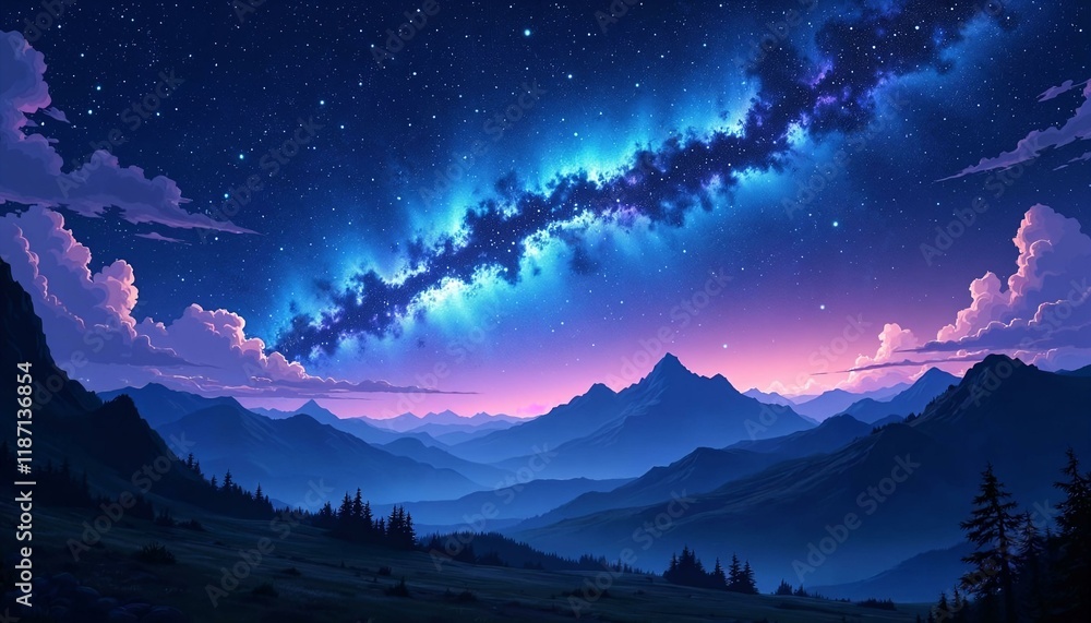 Naklejka premium Peaceful night sky filled with bright stars over a quiet mountain landscape