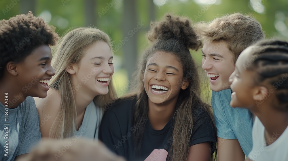 Group of diverse young people laughing together, showcasing unity, friendship, and the joy of shared moments in a multicultural setting. Group of diverse young people laughing together, showcasing unity, friendship, and the joy of shared moments in a multicultural setting.