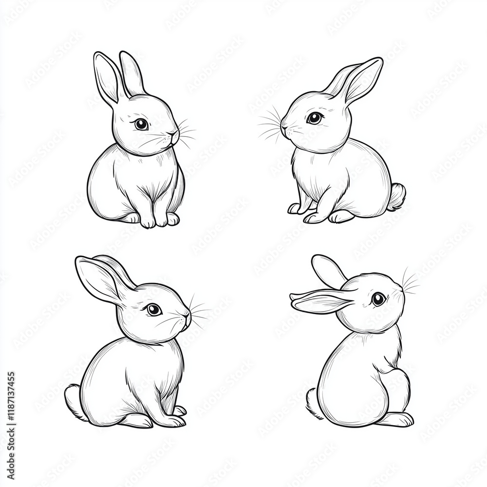 Fototapeta premium Cute Bunny Rabbit Outline Sketch Vector Illustration with Minimal Line Art Doodle in Different Poses