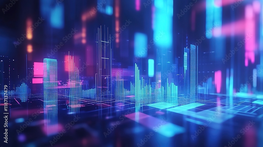 A dynamic background of digital bar charts and graphs with an abstract cityscape, representing the global stock market. A dynamic background of digital bar charts and graphs with an abstract cityscape, representing the global stock market.