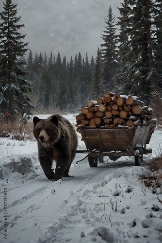A bear near a firewood cart in a snowy forest