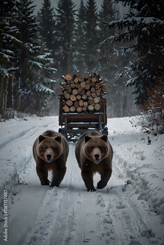 A bear near a firewood cart in a snowy forest