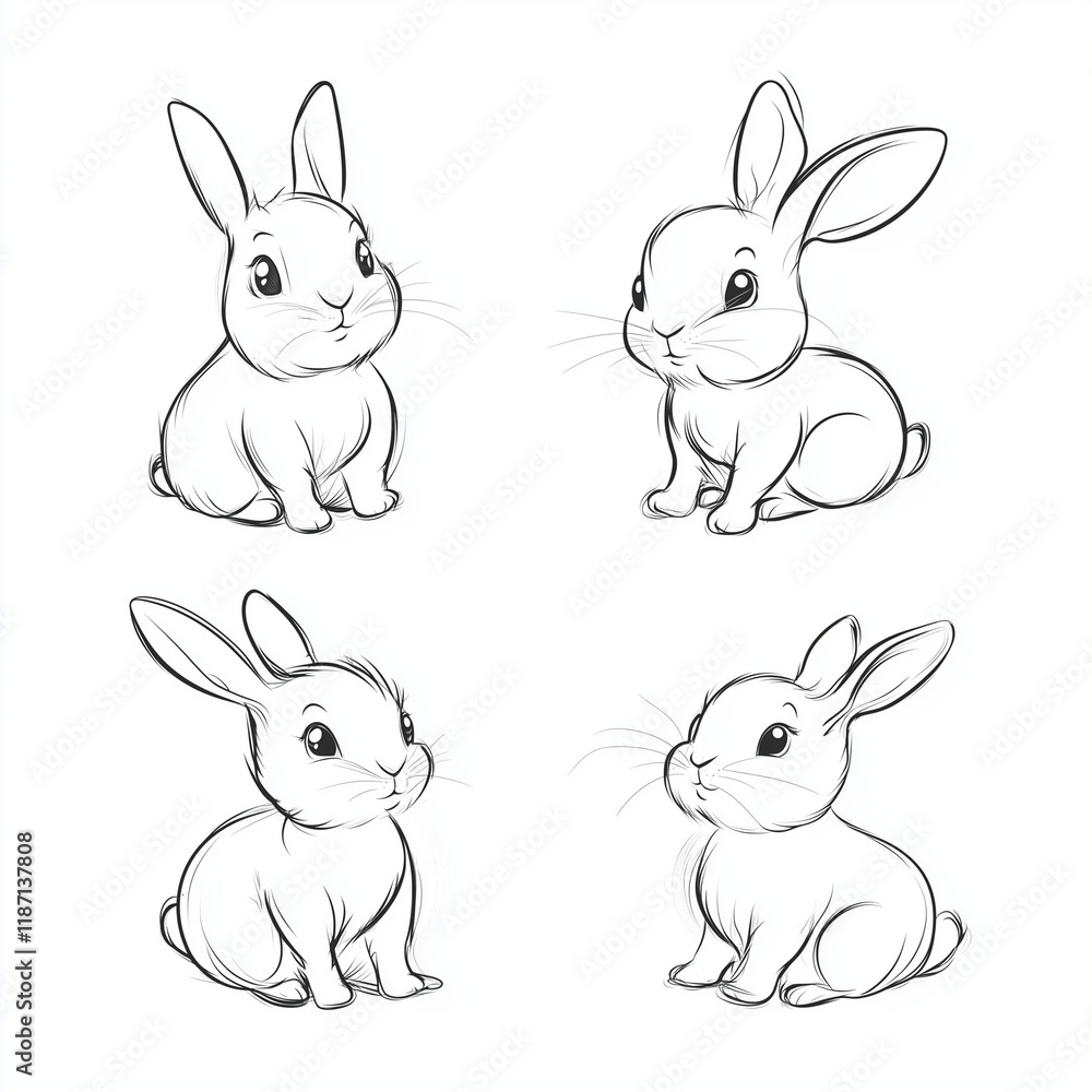 Fototapeta premium Cute Bunny Rabbit Outline Sketch Vector Illustration with Minimal Line Art Doodle in Different Poses