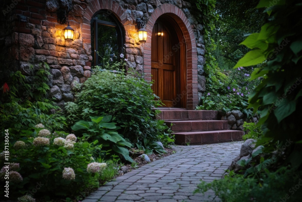 Obraz premium Stunning stone cottage entrance surrounded by lush greenery and soft lighting creates a welcoming atmosphere in the evening