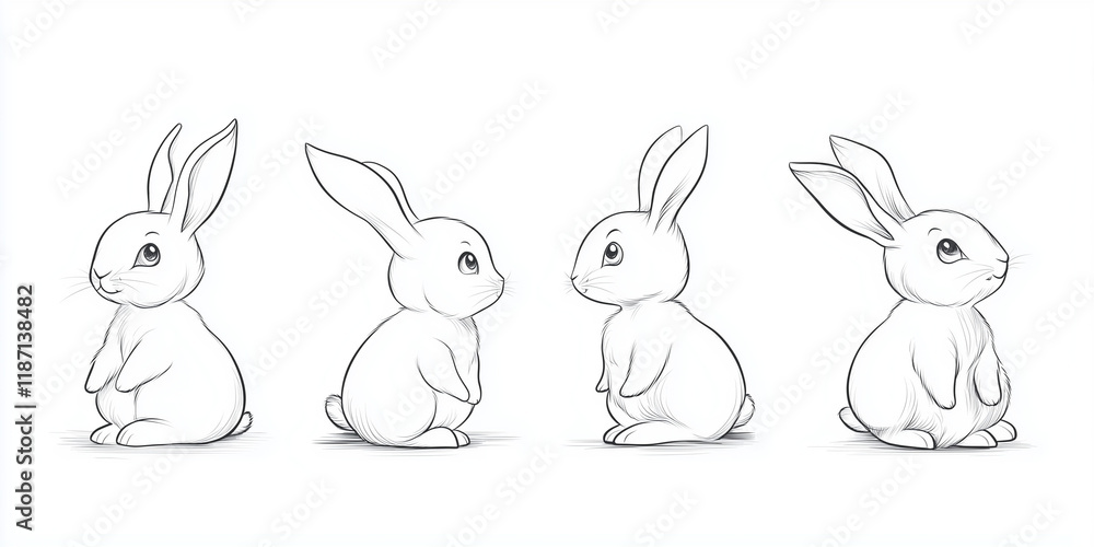 Obraz premium Cute Bunny Rabbit Outline Sketch Vector Illustration with Minimal Line Art Doodle in Different Poses