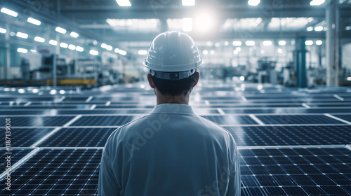 Factory Worker Supervising Solar Panel Production in a High-Tech Manufacturing Facility, Highlighting Renewable Energy and Sustainable Technology photo