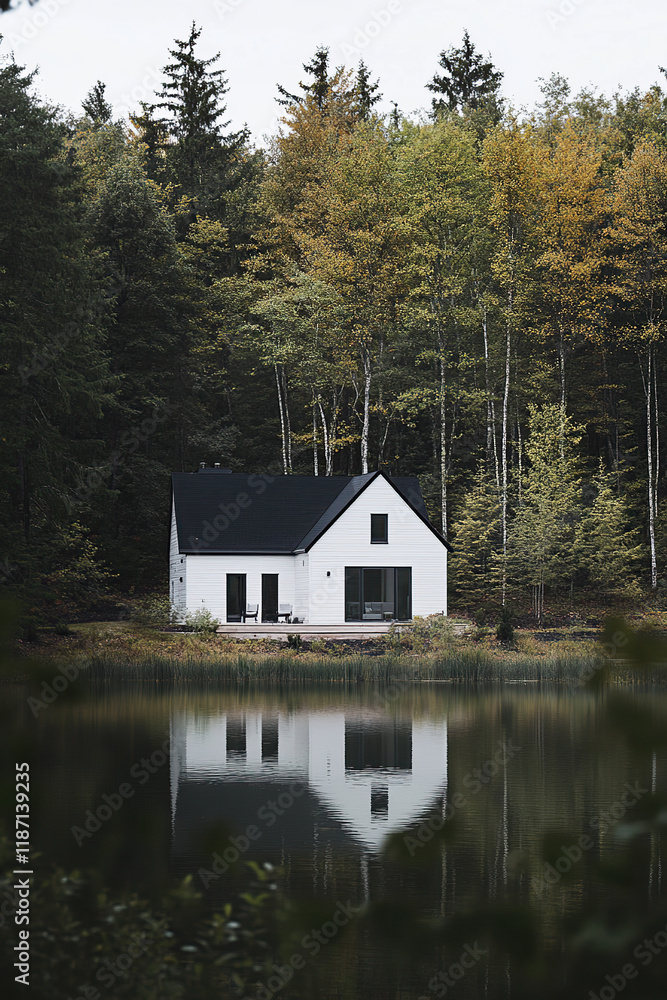 Fototapeta premium Modern white house situated by a serene lake surrounded by lush trees in autumn, reflecting nature's beauty in calm waters during the early afternoon