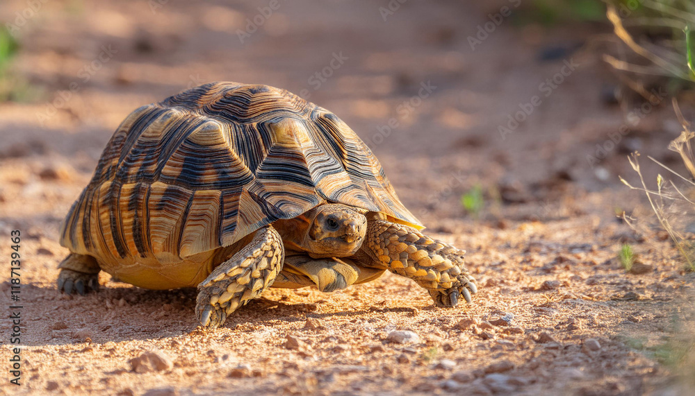 Obraz premium Leopard Tortoise Walking on a Sandy Path in the Afternoon Sun and Copy Space