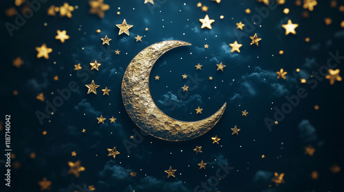 Wallpaper Mural A crescent moon surrounded by floating stars with embossed textures wall frame canvas art, 3d illustration Torontodigital.ca