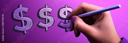A hand writing dollar signs on a purple background, symbolizing finance, wealth, or economic themes.