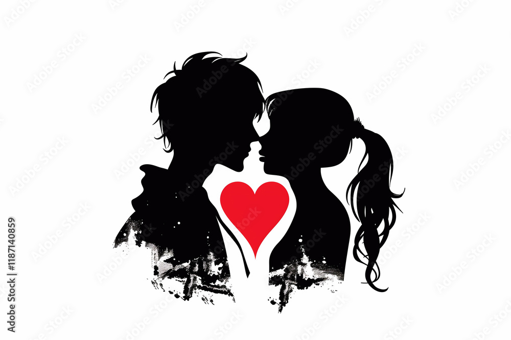 Silhouette of a Couple with Heart. Valentines day background. Romantic background. Silhouette of a Couple with Heart. Valentines day background. Romantic background.