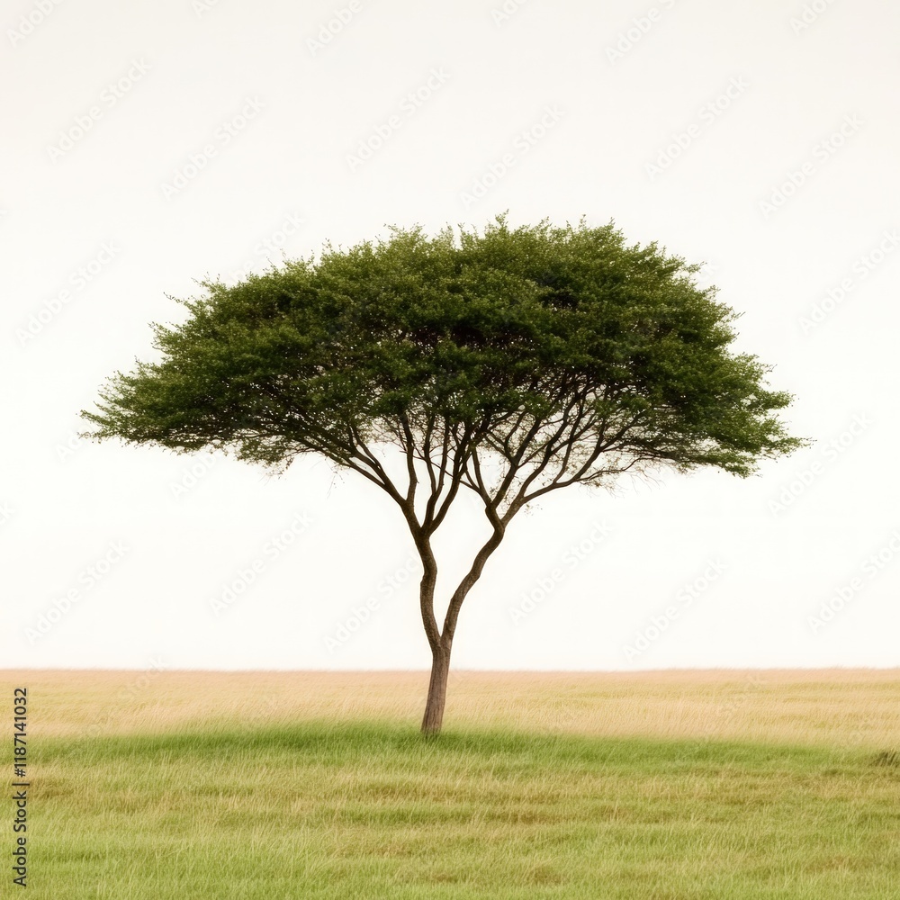 Obraz premium A single tree in an open prairie, isolated on a pure white background