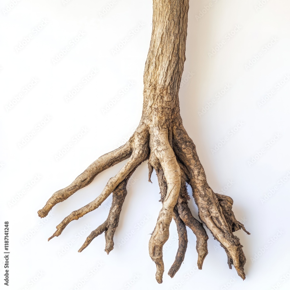 Naklejka premium A single tree root with visible textures, isolated on a white background