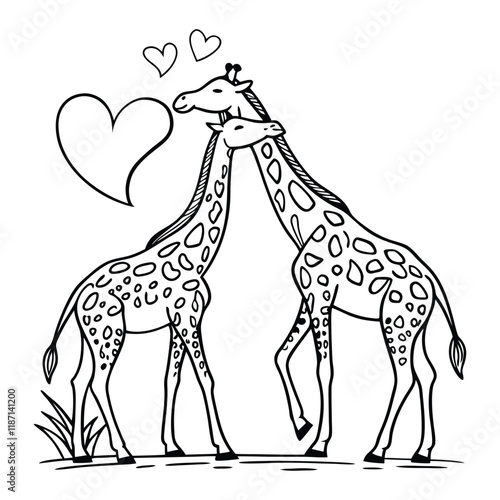 Two Giraffes in Love, Embracing Under a Heart Symbol