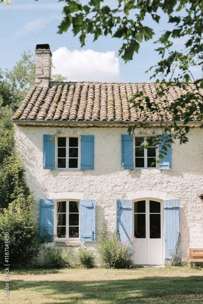 A delightful countryside home featuring charming blue shutters, nestled amidst lush greenery, basking in the warmth of a sunny day A delightful countryside home featuring charming blue shutters, nestled amidst lush greenery, basking in the warmth of a sunny day