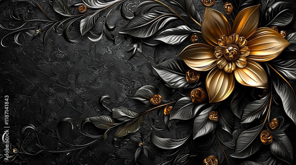 Gold flower and black leaves on dark background. Gold flower and black leaves on dark background.