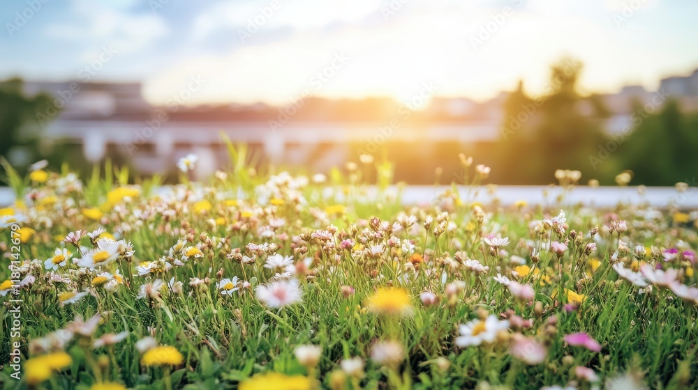 Fototapeta premium Beautiful Wildflower Field at Sunset Glow