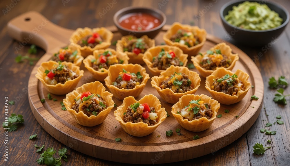 A creative appetizer served in a crispy waffle bowl, filled with seasoned ground beef, melted cheese, diced tomatoes, and fresh chopped cilantro for a flavorful and visually appealing dish. A creative appetizer served in a crispy waffle bowl, filled with seasoned ground beef, melted cheese, diced tomatoes, and fresh chopped cilantro for a flavorful and visually appealing dish.