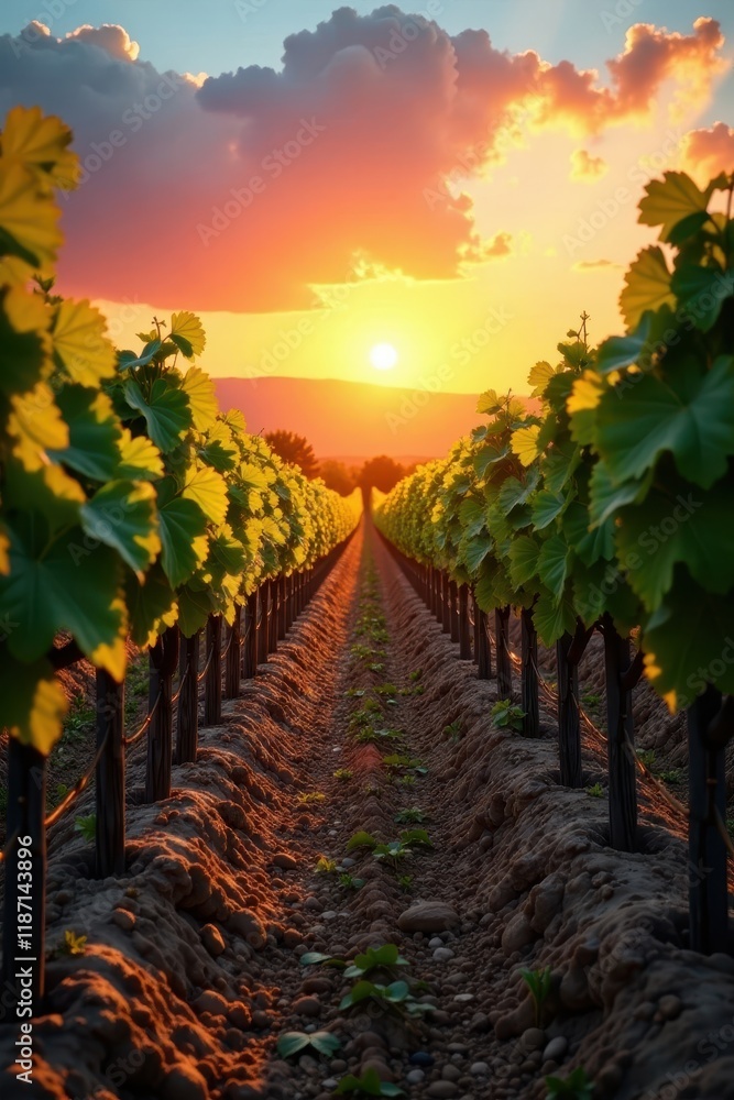 Fototapeta premium Vineyard at sunset, warm light, textured soil, rural sunset, texture