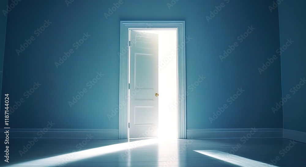 A white door with light shining through, the door open in the middle of an empty room with blue walls A white door with light shining through, the door open in the middle of an empty room with blue walls