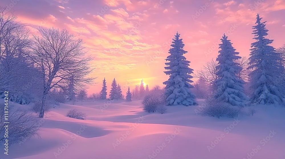 A serene winter landscape with snow-covered trees and a pink sky at sunset, creating an enchanting atmosphere. A serene winter landscape with snow-covered trees and a pink sky at sunset, creating an enchanting atmosphere.