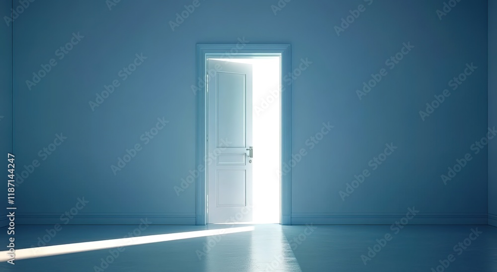 A white door with light shining through, the door open in the middle of an empty room with blue walls A white door with light shining through, the door open in the middle of an empty room with blue walls
