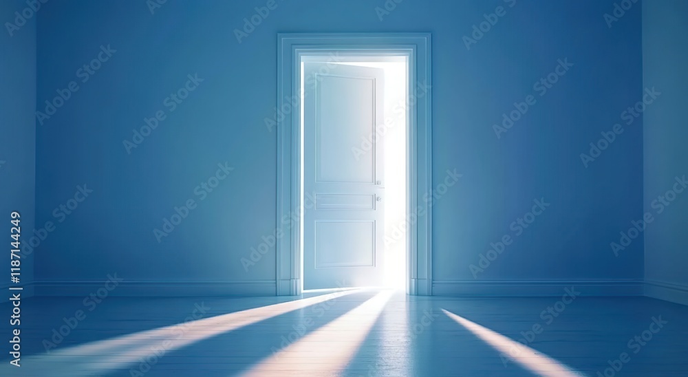 A white door with light shining through, the door open in the middle of an empty room with blue walls A white door with light shining through, the door open in the middle of an empty room with blue walls