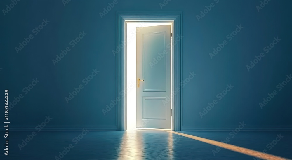 A white door with light shining through, the door open in the middle of an empty room with blue walls A white door with light shining through, the door open in the middle of an empty room with blue walls