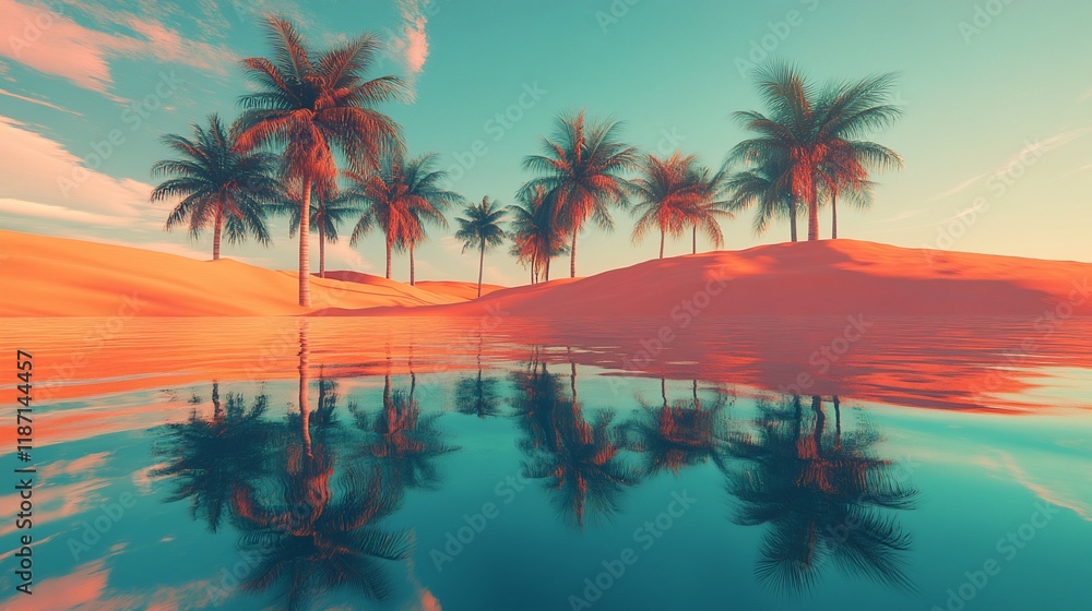 Palm trees on a sandy beach reflected in calm water at sunset. Palm trees on a sandy beach reflected in calm water at sunset.