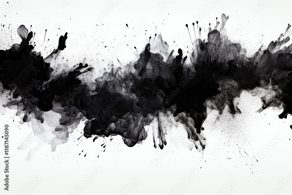 Obraz premium Abstract black and white ink splatters create dynamic movement and visual interest across a minimalist background
