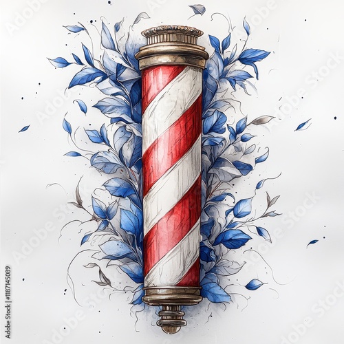 Red and white barber pole with blue leaves. photo