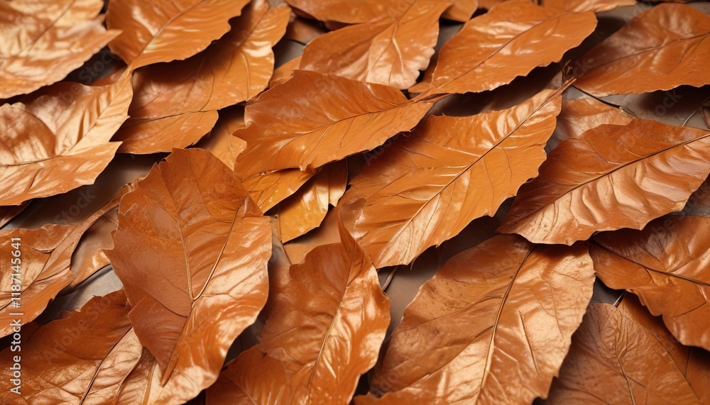 Close-up of orange metallic leaves with veins and texture, botanical images, natural textures, macro photography Close-up of orange metallic leaves with veins and texture, botanical images, natural textures, macro photography