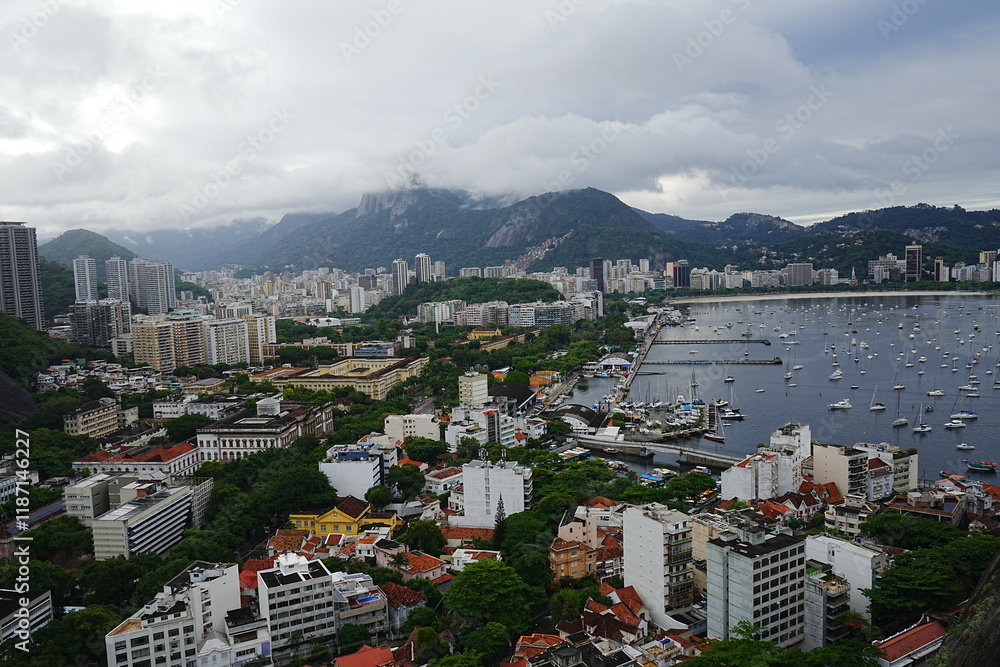 Aerial View from PaodeAçúcar or Sugarloaf Mountain and Cable Car in Copacabana, Rio de Janeiro, Brazil - ブラジル リオデジャネイロ ポン・ヂ・アスーカル または シュガー ローフ マウンテンからの景色