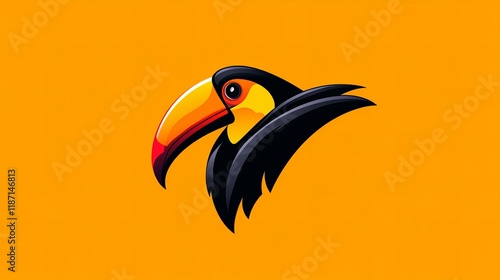 Vibrant toucan illustration against a bold orange backdrop.  A colorful and stylized design. photo