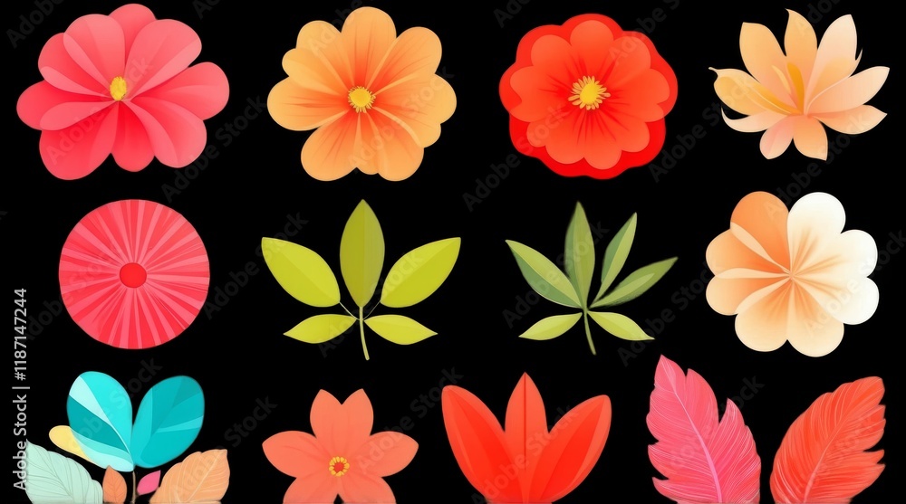 Vibrant and High Detailed Botanical Elements with Florals in Bright Colors and Designs Vibrant and High Detailed Botanical Elements with Florals in Bright Colors and Designs