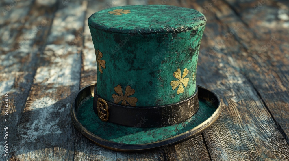 A weathered green top hat adorned with shamrocks A weathered green top hat adorned with shamrocks