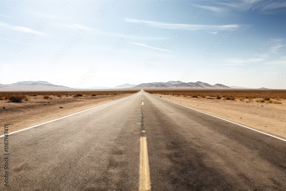 Long, empty road stretches out into the distance, with mountains in the background. Long, empty road stretches out into the distance, with mountains in the background.