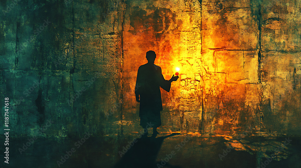 Obraz premium A symbolic depiction of betrayal with Judas’ shadow looming on the temple wall, coins in his hand glowing faintly under flickering torchlight, cracks and carvings in the stone adding tension,