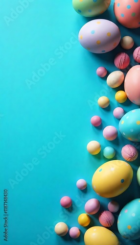 Colorful chocolate Easter eggs on blue bckground Top view Copy space photo