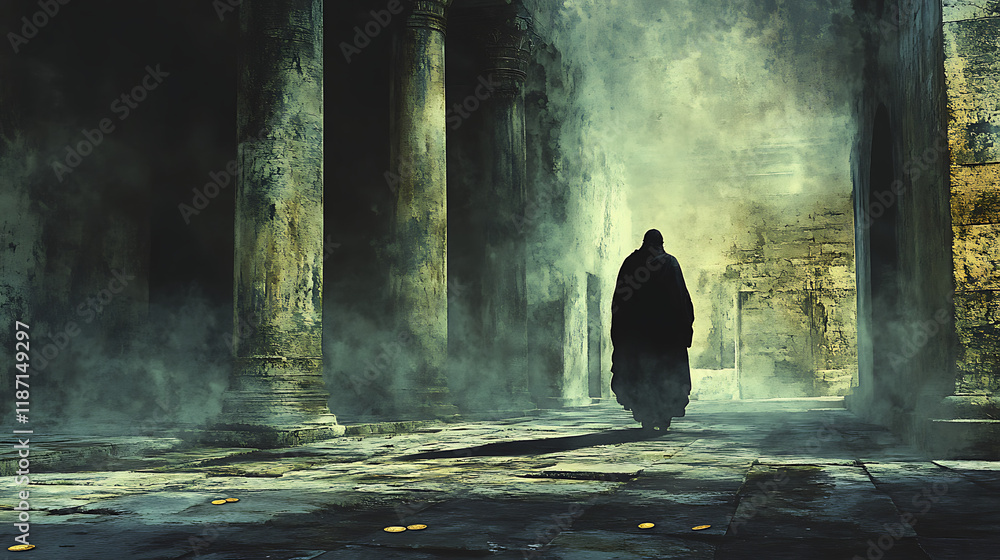 A symbolic image of Judas walking away from the temple, leaving silver coins glinting in the dim torchlight, shadows from the ancient walls and pillars creating an air of tension and despair, A symbolic image of Judas walking away from the temple, leaving silver coins glinting in the dim torchlight, shadows from the ancient walls and pillars creating an air of tension and despair,