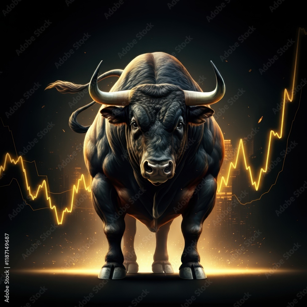 Bull statue, Wall Street, glowing eyes, golden sculpture, stock market charts, cityscape, night scene, dramatic lighting, financial district, skyscrapers, digital overlay, candlestick graphs, bullish Bull statue, Wall Street, glowing eyes, golden sculpture, stock market charts, cityscape, night scene, dramatic lighting, financial district, skyscrapers, digital overlay, candlestick graphs, bullish