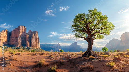 A tree in the center of an arid desert landscape with clear skies photo