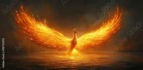 Majestic phoenix rising from waters enchanted realm digital art dreamlike atmosphere surreal perspective