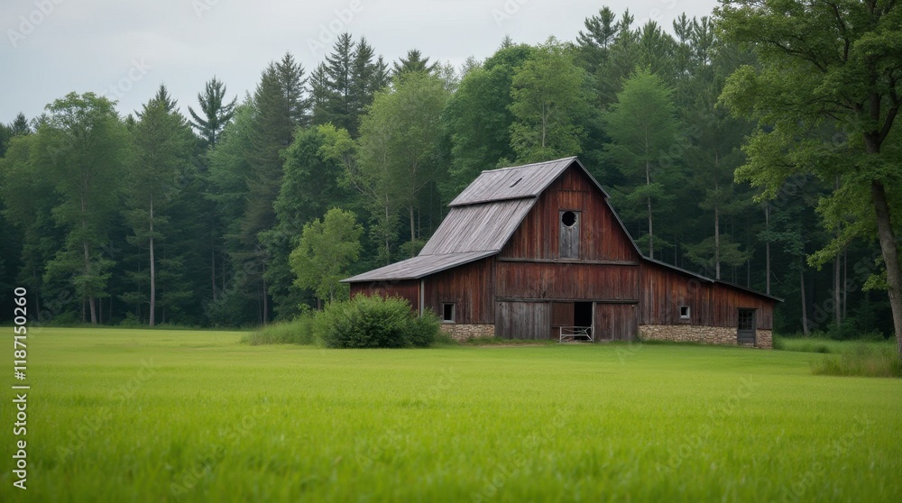 Fototapeta premium Rustic Wooden Barn in a Green Meadow